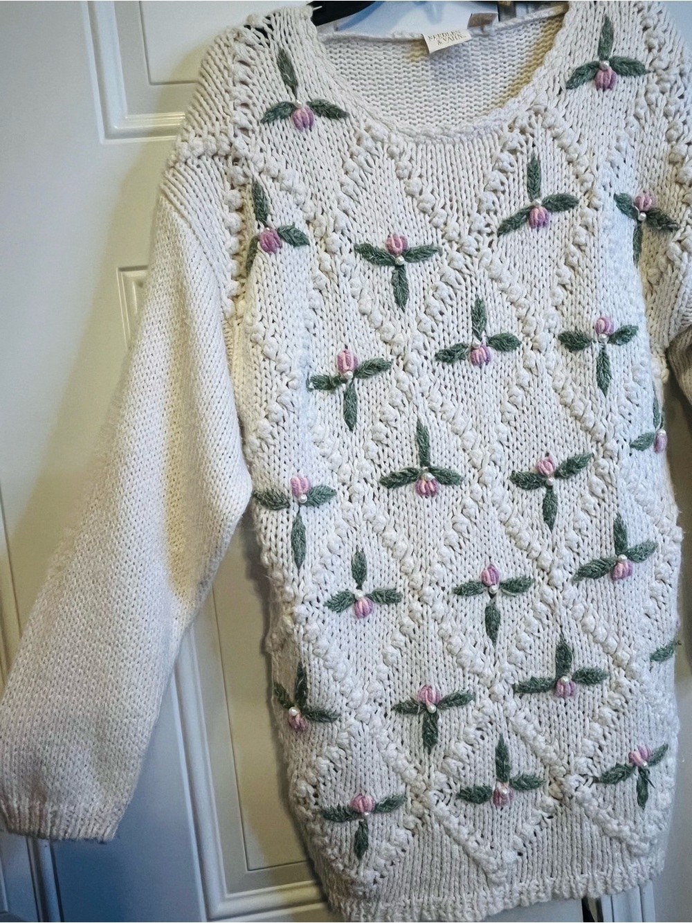 Vtg 80s 90s Needles & Yarn Floral Knit Cottagecore Coquette Sweater M Pearl - Picture 4 of 10